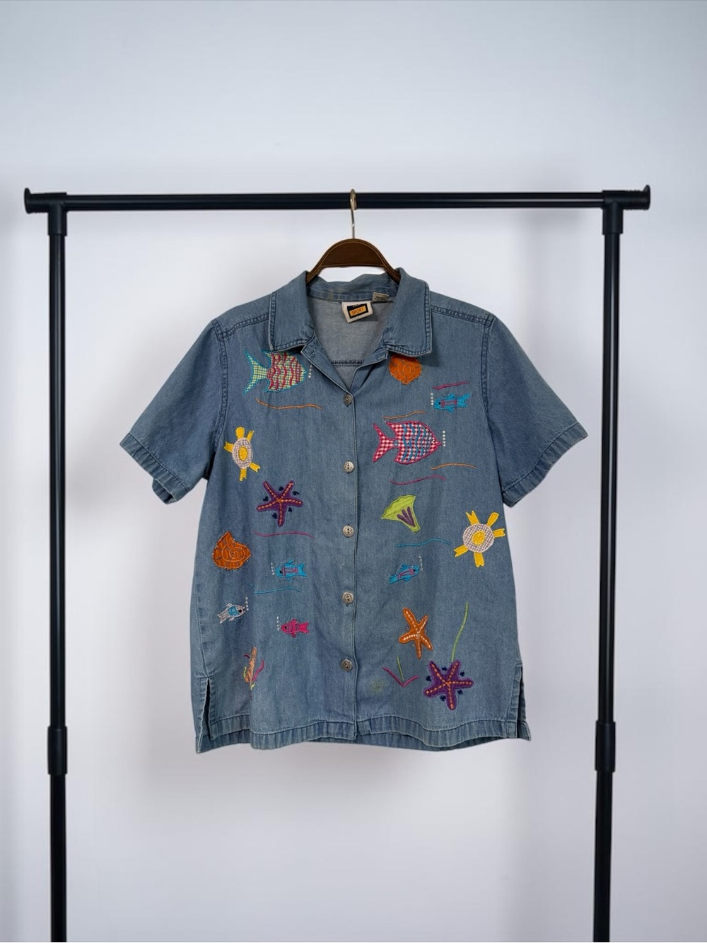 Vintage Embroidered Ocean Denim Short-Sleeve Shirt - Blue